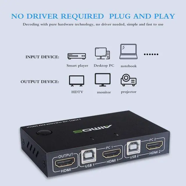 Main image of 2 Port KVM Switch 4K USB KVM Switcher 2 In 1 Out Switching By Button Switching By Keyboard For Mouse Printer