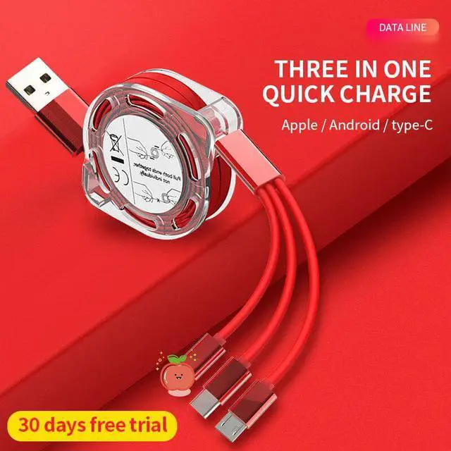 Main image of 3in1 Retractable USB Type C Micro USB charge Cable for mole phone Charger Cable 1m 2.4A Fast Charging TPE cord