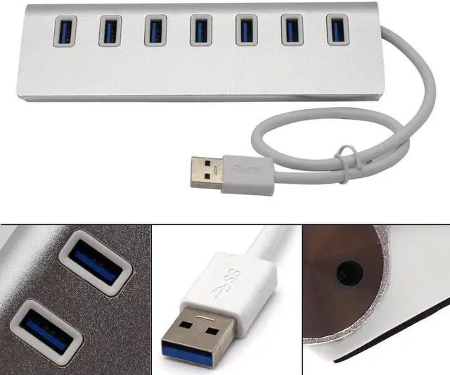 Alt view image 4 of 5 - 7 Port Aluminum USB 3.0 HUB 5Gbps High Speed +AC Power Adapter For PC Laptop Mac US EU UK plug