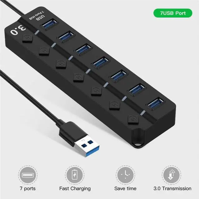 Alt view image 2 of 5 - 4/7 Port USB 3.0 Hub 5Gbps High Speed On Off Switches AC Power Adapter for PC