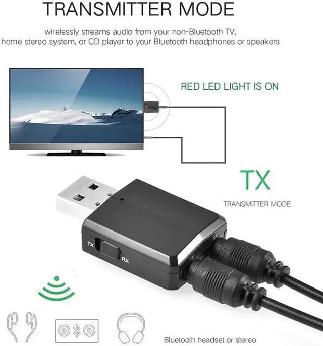 Alt view image 4 of 5 - Bluetooth 5.0 Transmitter Receiver 3 In 1 EDR Wireless Adapter Dongle 3.5mm AUX for TV Car PC Computer Stereo Car Hifi Audio