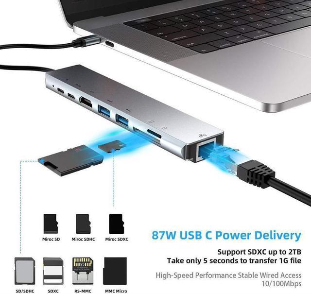 Alt view image 3 of 5 - 8 in 1 Type-C HUB USB-C to 4K /USB3.0 /RJ45 /Gigat LAN /PD Charging /TF Card Reader Adapter USB Splitter For MacBook Pro