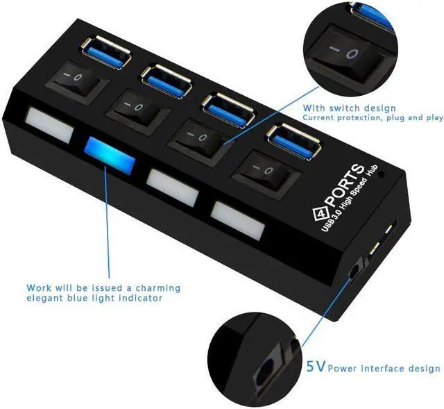 Alt view image 5 of 5 - USB 3.0 Hub With 4 Ports On/Off Switch High Speed 5Gbps USB Splitter HUB For Computer Accessories