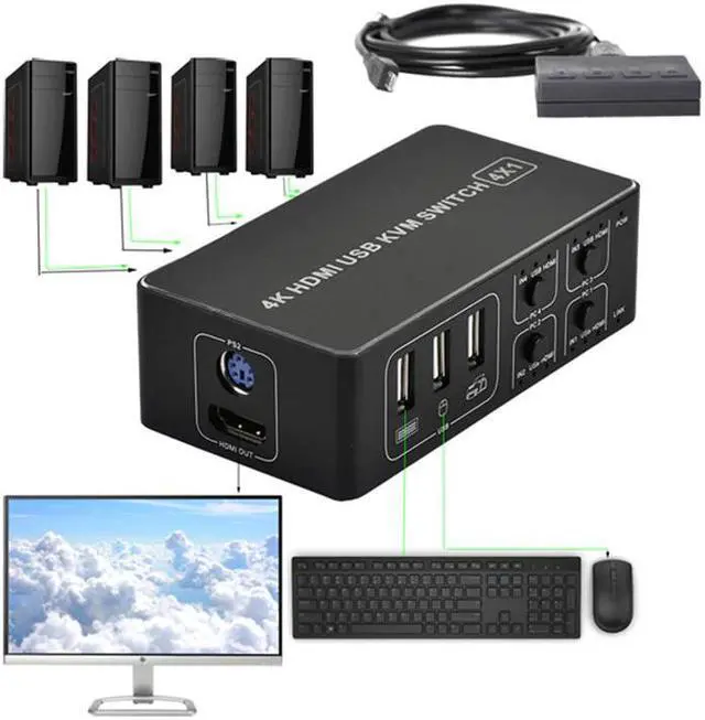 Alt view image 2 of 5 - 4 port 4K HDMI KVM Switch 4X1 USB HDMI 1.4 KVM Switcher splitter selector for mac os. windows 10 up to 4 monitors