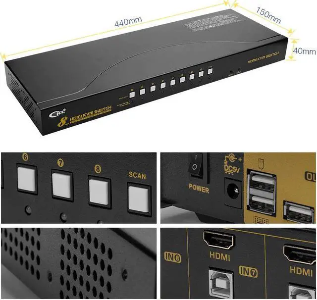 Alt view image 5 of 5 - KVM Switch 8 Port USB 2.0 with Cables, PC Monitor Keyboard Mouse Switcher for Computer Laptop Server DVR -9138H