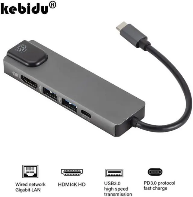 Alt view image 5 of 5 - 5 in 1 USB C Hub to Gigat Ethernet Rj45 Lan Adapter for Macbook Pro iPad Pro 11 12.9 2018 Thunderbolt 3 Type c Hub