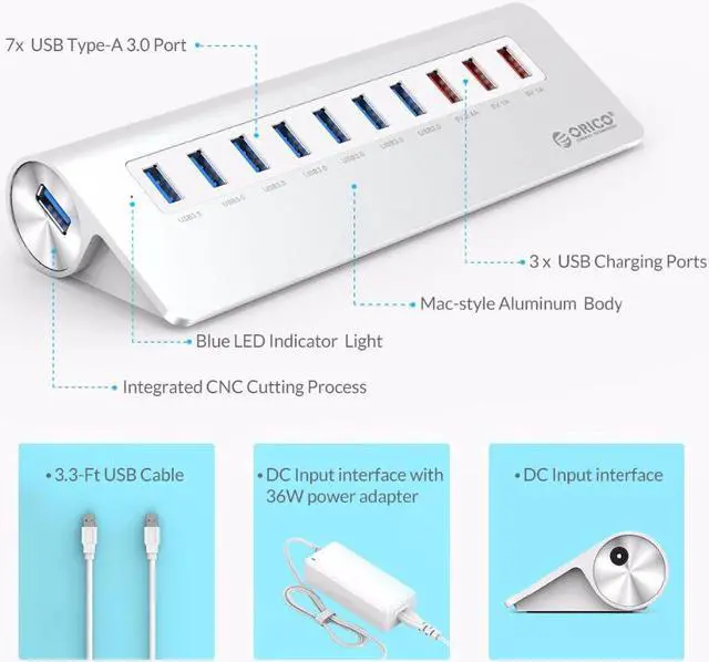 Alt view image 3 of 5 - USB HUB with Charging Function 7 Port USB3.0 Slope Design HUB 5Gbps 5V Charging Port With 12V Power Adapter For Phone/PC