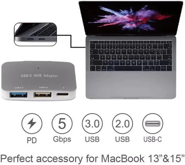 Alt view image 3 of 5 - C To USB 3.0 High Speed Hub Adapter With PD Port For MacBook Pro 13 15 inch