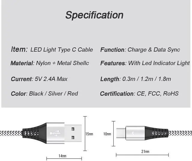 Alt view image 2 of 5 - Type C Cable LED  Light c Fast Charging Cabel for  Galaxy S9 S10 M30 M20   6T 6 5 HTC 2 Meters