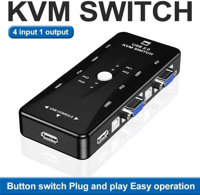 Main image of KVM VGA Switcher 4 Ports 2.0 KVM Switch Box Adapter One-Button Swapping For Computer, Keyboard, Mouse, Scanner, Printer