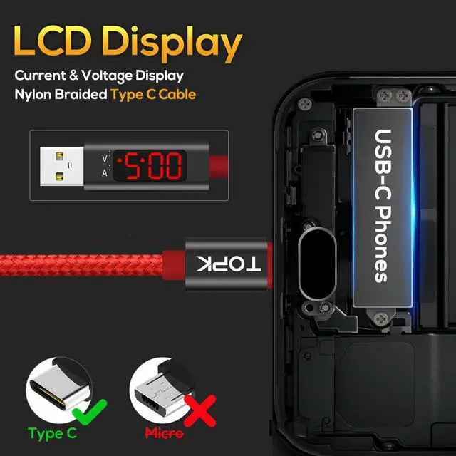 Alt view image 3 of 5 - 3A(Max) Voltage and Current Display USB Type C Cable Nylon Braided QC 3.0 Fast Sync  Cable USB C Type-C Cable