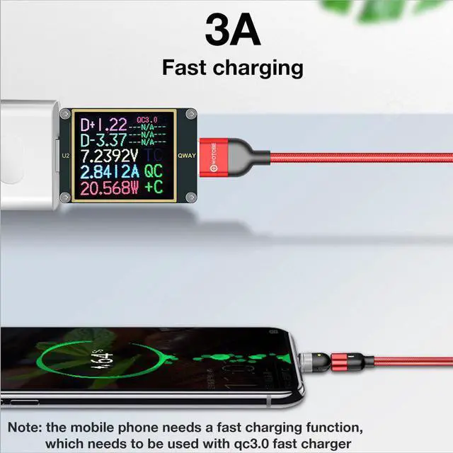 Alt view image 4 of 5 - Magnetic Cable 3A QC3.0 Fast Charging Micro USB Type C Mole Phone Cable For    360+180Degree Roating