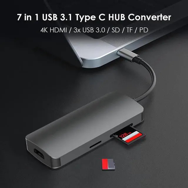 Alt view image 3 of 5 - 7 in 1 USB 3.1 Type C HUB Converter 4K 3x USB 3.0 SD TF Card Reader 87W PD Fast Charging Dock Adapter for Laptop Phone