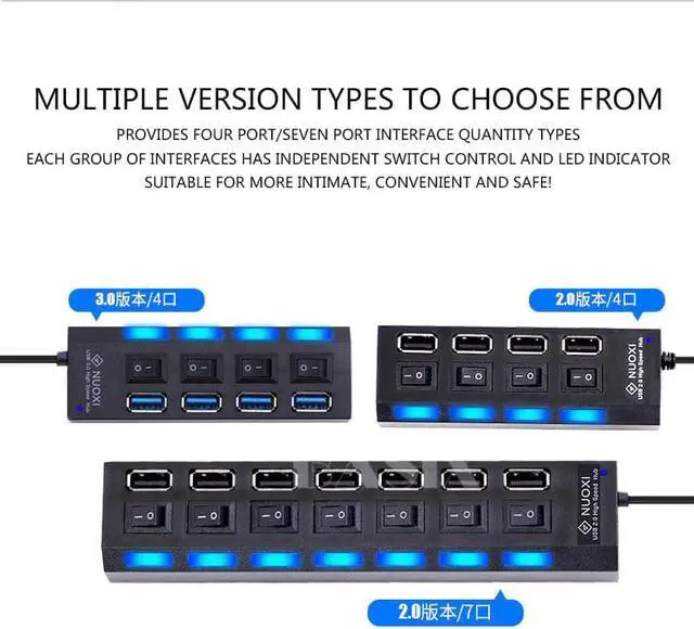 Alt view image 5 of 5 - USB HUB 2.0/3.0 4 Port USB Splitter with Power Port Adapter USB Splitter with On/Off Switch for Windows 7/8/10 Laptop Hub