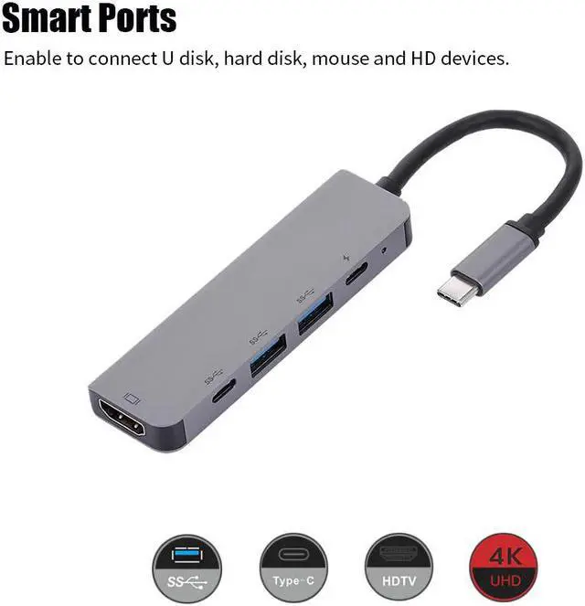 Alt view image 3 of 5 - 5-Port 5IN1 Type-C to PD USB*2 HDTV TypeC Adapter Multi-Function Converter 4K for Macbook HDTV Projector Plug & Play usb hubs