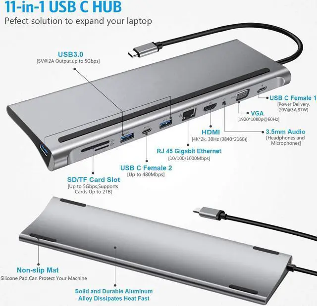 Alt view image 3 of 5 - 11 in1 HUB Adapter USB C HUB Type-c 3.0 USB-C To HDMI 4K /TF Card Reader PD Charging Ethernet Adapter for MacBook Pro HUB