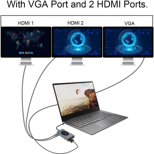 Alt view image 3 of 5 - Display USB C Hub 14 in 1  RJ45 VGA USB HUB 3.0 Adapter Dock for MacBook Pro Card Reader USB Splitter Type C USB HUB