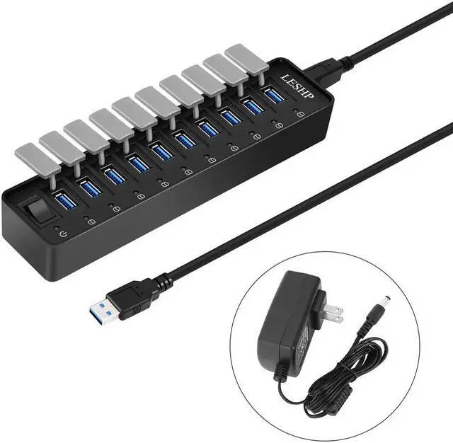 Alt view image 3 of 5 - 10 Ports USB 3.0 Hub High Speed 5Gbps USB 3.0  Hub Splitter with LED & Switch External Power Adapter for PC Laptop US Plug
