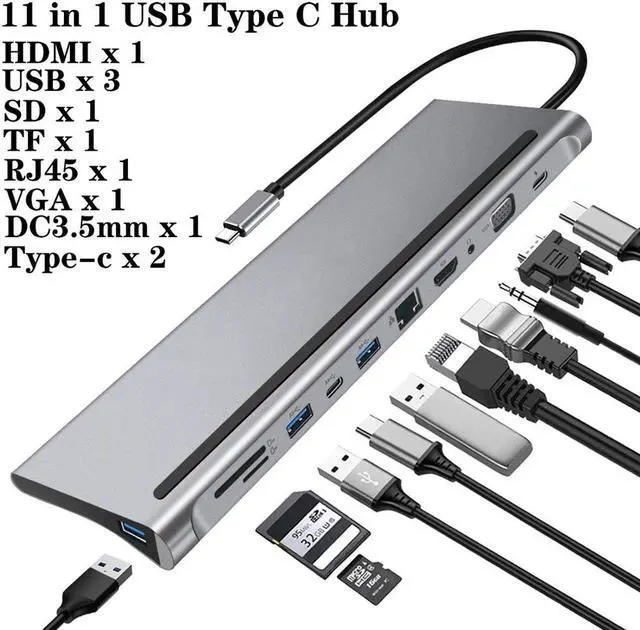 Main image of 11 in 1 USB Type C Hub Adapter Laptop Docking Station /VGA/RJ45/PD/Thunderbolt 3 For MacBook Surface Compatible