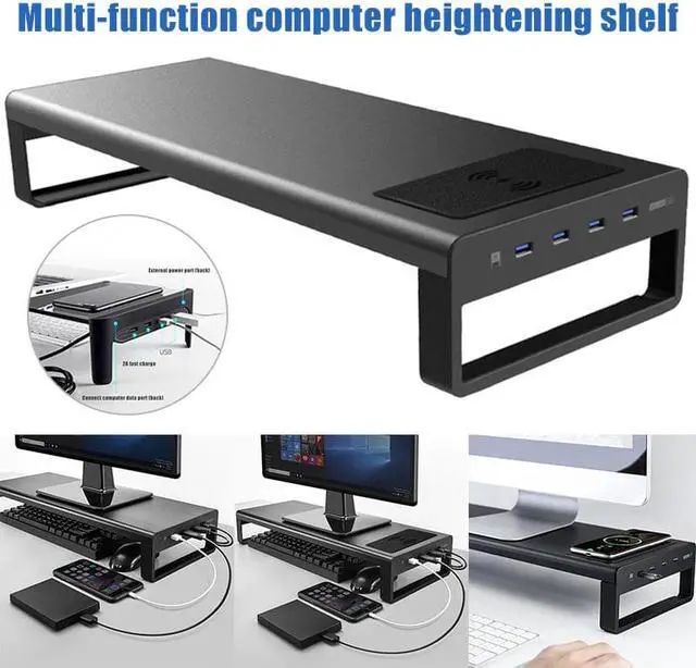 Alt view image 3 of 5 - Alloy Monitor Stand Computer Base Table wireless charge With 4 Usb 3.0 desk HUB Laptop Desk Stand