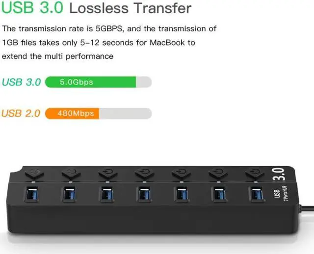 Alt view image 4 of 5 - 4/7 Port USB 3.0 Hub 5Gbps High Speed On Off Switches AC Power Adapter for PC