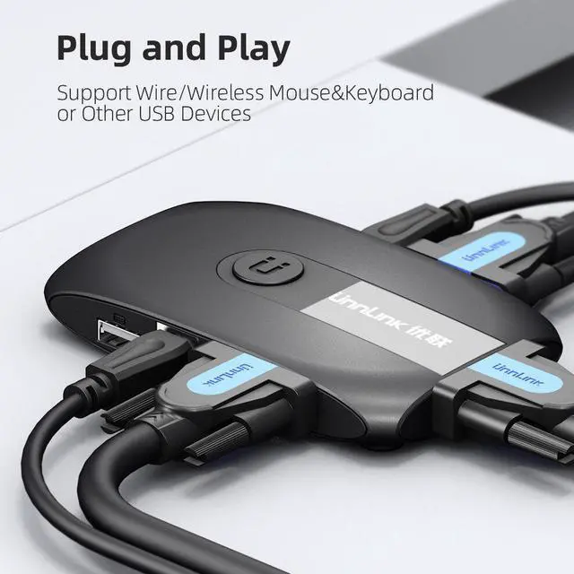 Alt view image 5 of 5 - 2X1 VGA KVM Switch Box Selector with Extender 2 Ports USB 2.0 Sharing monitor mouse keyboard for 2 Computer Laptops PCs