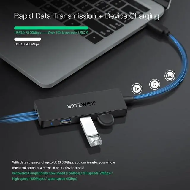 Alt view image 4 of 5 - BW-TH3 USB Hubs 4 in 1 Type-C to 4-Port USB 3.0 Port Hub  Hub with OTG Function 5Gbps USB 3.0 Transmission
