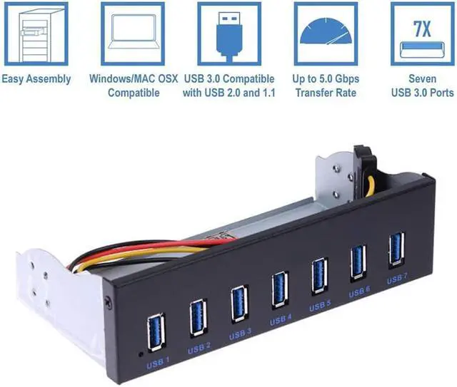 Alt view image 5 of 5 - 7 Port USB 3.0 Hub 5Gbs 5.25inch CD-ROM Drive Bay CD ROM Front Panel for Computer Case+USB 3.0 19-pin Header to Type-A Male Ca