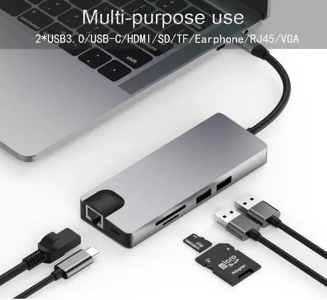 Alt view image 3 of 5 - USB-C HUB Type C HUB to USB 3.0 Thunderbolt 3 3.5mm Audio RJ45 Adapter for MacBook Pro Galaxy S9 USB C HUB