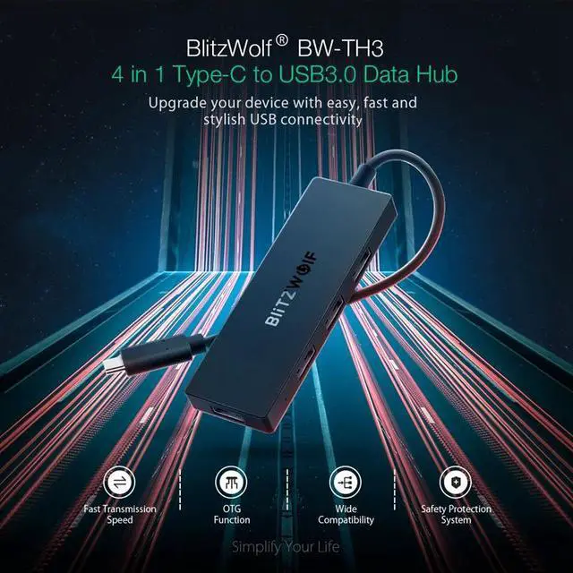 Alt view image 3 of 5 - BW-TH3 USB Hubs 4 in 1 Type-C to 4-Port USB 3.0 Port Hub  Hub with OTG Function 5Gbps USB 3.0 Transmission