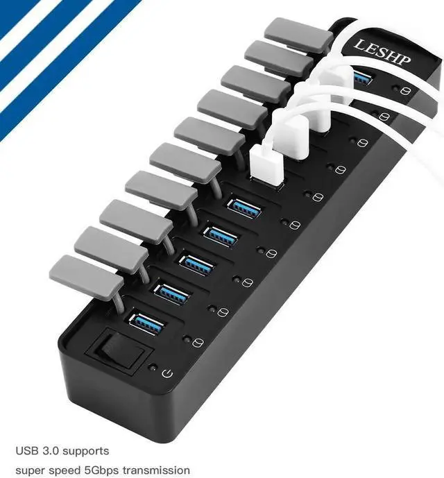 Alt view image 5 of 5 - 10 Ports USB 3.0 Hub High Speed 5Gbps USB 3.0  Hub Splitter with LED & Switch External Power Adapter for PC Laptop US Plug