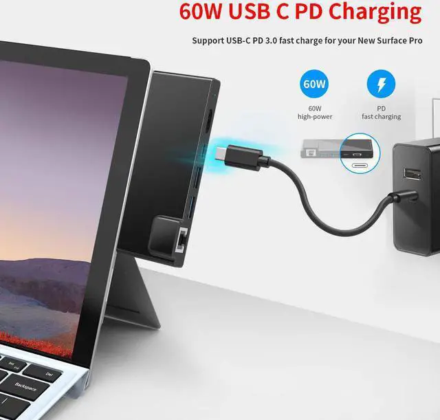 Alt view image 2 of 5 - usb 3.0 HUB card reader 4K 1000Mbps Gigat Ethernet PD Type c adapter SD/TF micro SD for Microsoft Surface Pro 7