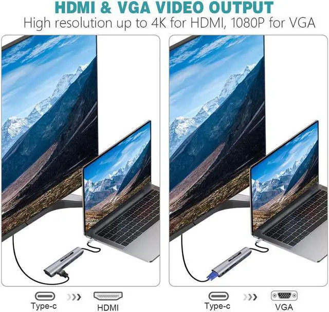 Alt view image 4 of 5 - 9 Ports USB C HUB to  VGA RJ45 Gigat Ethernet Power Adapter Dock PD Charger for MacBook Pro Air Multi Type C HUB