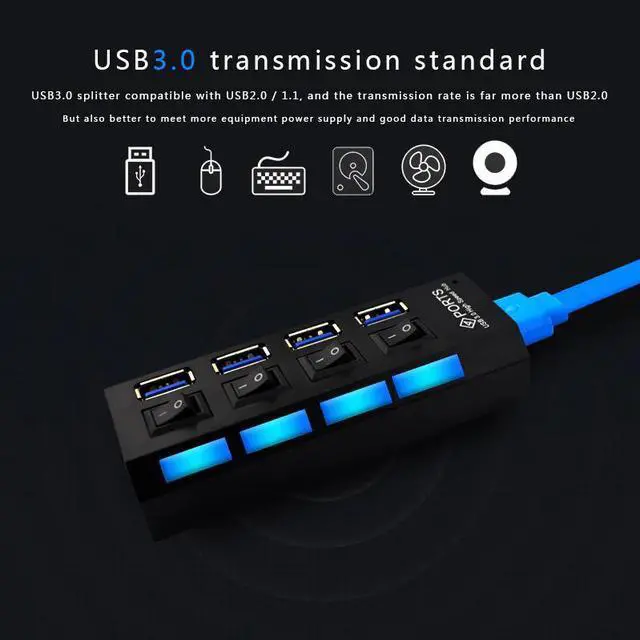 Alt view image 2 of 5 - USB 3.0 Hub With 4 Ports On/Off Switch High Speed 5Gbps USB Splitter HUB For Computer Accessories