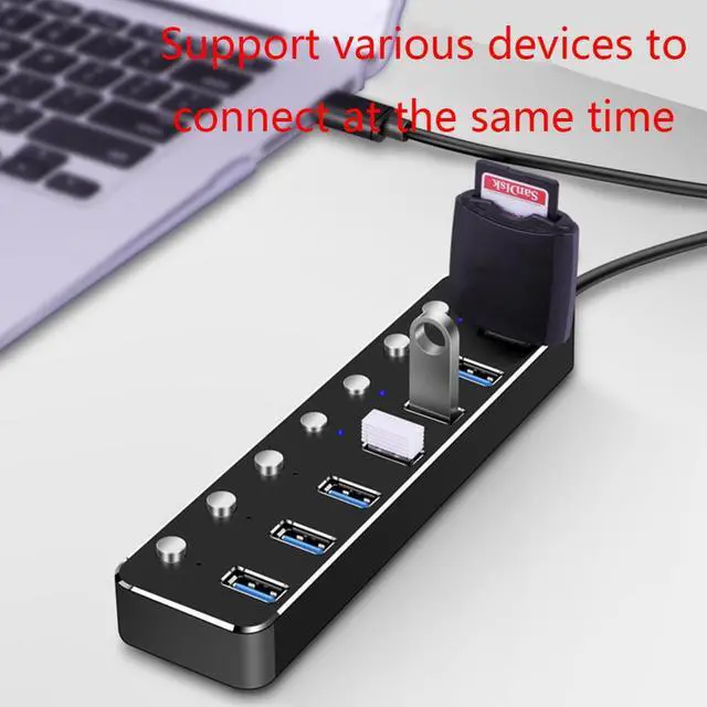 Alt view image 2 of 5 - Alloy USB 3.0 Hub High Speed Powered 7 Port USB Extender Splitter with Individual On/Off Switches for Laptop