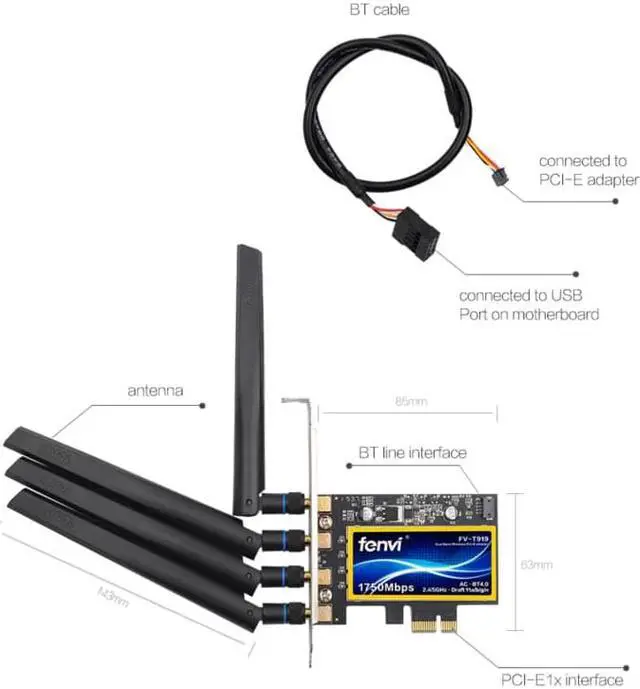 Alt view image 3 of 5 - FV-T919 1750Mbps Dual Band 802.11AC Desktop Wifi Adapter BCM94360 Wireless Bluetooth 4.0 Mac OSX Hackintosh