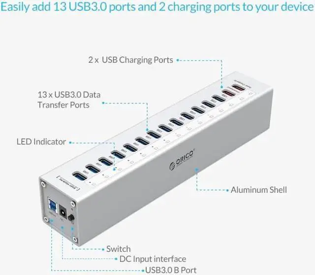 Alt view image 2 of 5 - A3H13P2-SV Aluminum 13 Ports Multi USB3.0 HUB Splitter with 2 Charging Ports 5V2.4A Super Charger / 5V1A Universal Silver