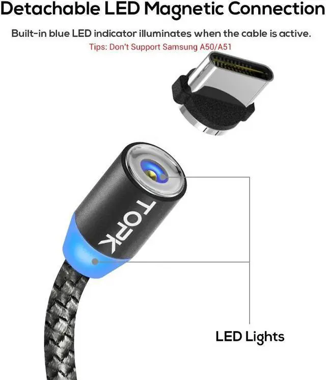 Alt view image 3 of 5 - AM17 2M LED Magnetic USB Cable for iPhone Xs Max Micro USB Type C Cable  Braided Phone Cable Magnet Charging Wire