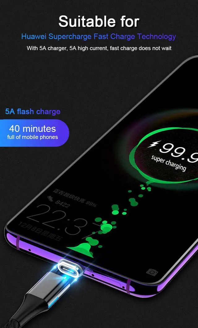 Alt view image 2 of 5 - Usb C 5A Type C Magnetic Cable Super Fast Charge Charger Usbc Cabel 1.5 2 Meter for  Mate 30 Pro  S20 Ultra S20+ 5G