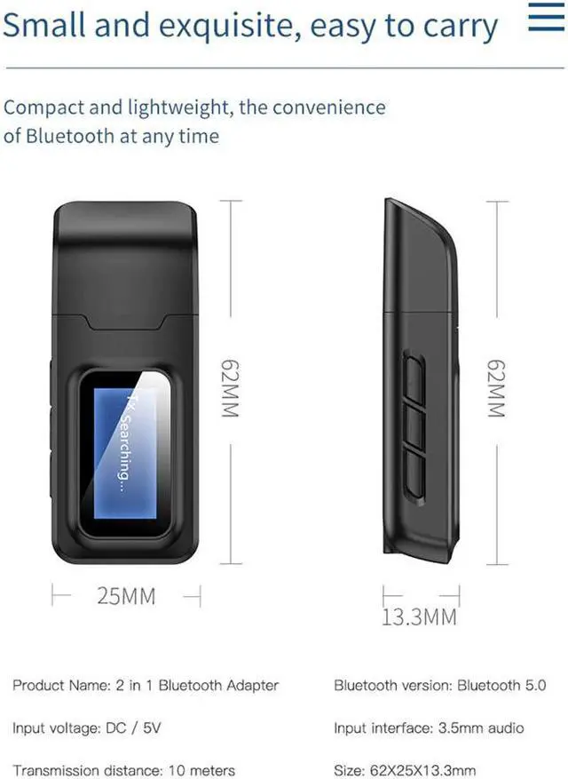 Alt view image 4 of 5 - 2In1 USB Bluetooth 5.0 Audio Receiver Transmitter for TV Speaker Car PC 3.5mm Jack Stereo AUX Wireless Adapter with LCD Display