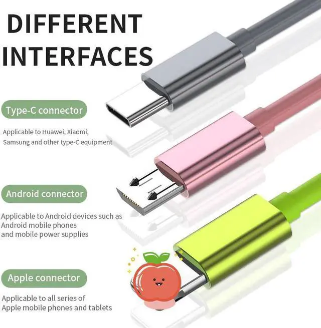 Alt view image 3 of 5 - 3in1 Retractable USB Type C Micro USB charge Cable for mole phone Charger Cable 1m 2.4A Fast Charging TPE cord