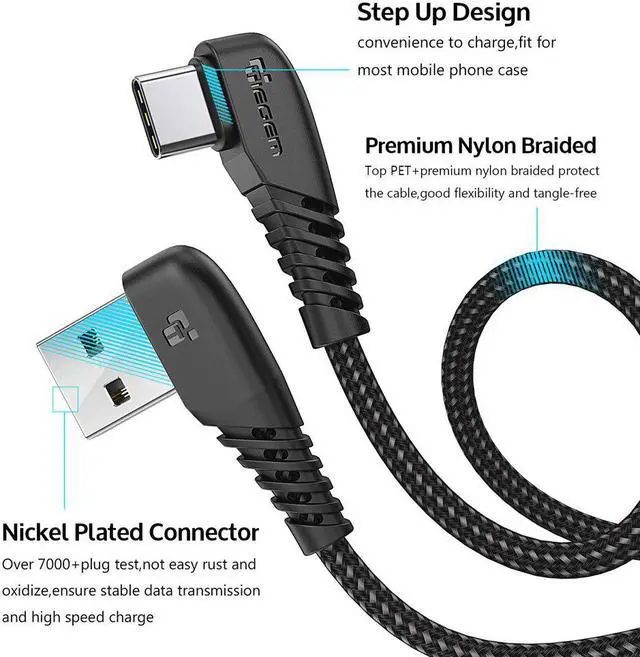 Alt view image 5 of 5 - 3A 90 Degree USB type C Cable for  Galaxy S10 S9 Plus  Mi 8 6 MAX 3 LG USB C TYPE-C Fast Charging  Cable