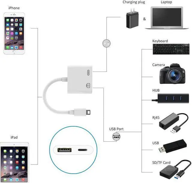 Alt view image 4 of 5 - 2 in 1 OTG Adapter for Lightning to USB 3 Camera Adapter OTG cable  converter for iPhone iPad iPod keyboard iOS 13 connector