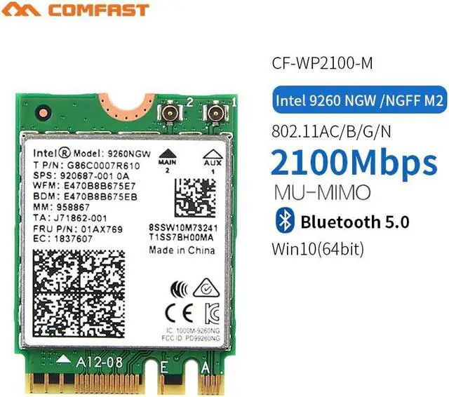 Alt view image 2 of 5 - Wireless Dual Band 2100Mbps Gigabit NGFF/PCI Express WiFi Adapter PCI-E Network Card 802.11b/g/n AC 2 Antennas Desktop PC Win10