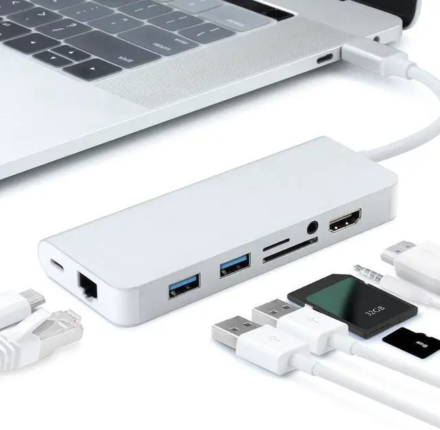 Main image of 8 In 1 Type C Hub HDMI Audio Output 3.5 Mm Micro  TF Card RJ45 Gigat Ethernet Adapter for MacBook Pro 13 15 16 inch AIR 13