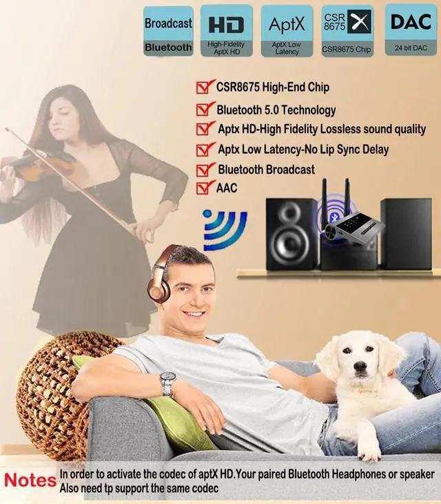 Alt view image 2 of 5 - 80m Bluetooth 5.0 Broadcast Audio Music Transmitter Receiver 3.5MM AUX RCA Wireless Adapter Dongle Low Latency aptX HD for PC TV