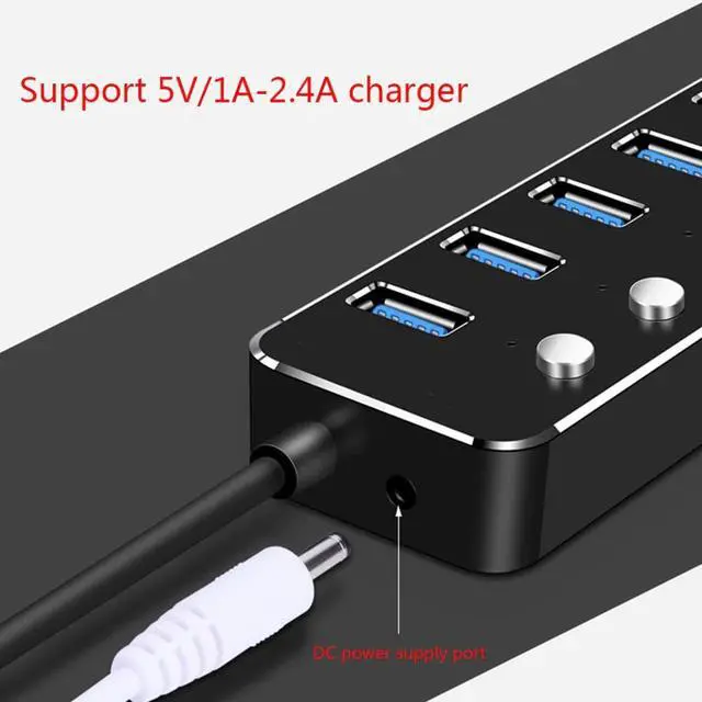 Alt view image 4 of 5 - Alloy USB 3.0 Hub High Speed Powered 7 Port USB Extender Splitter with Individual On/Off Switches for Laptop