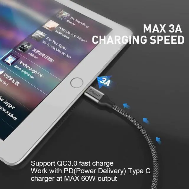 Alt view image 3 of 5 - QM USB 3.1 Type C to USB C Cable Gen2 PD 60W USB-C to USB C Charging Wire Cord Nylon Cable Cord for  S9 S8 Macbook Pro