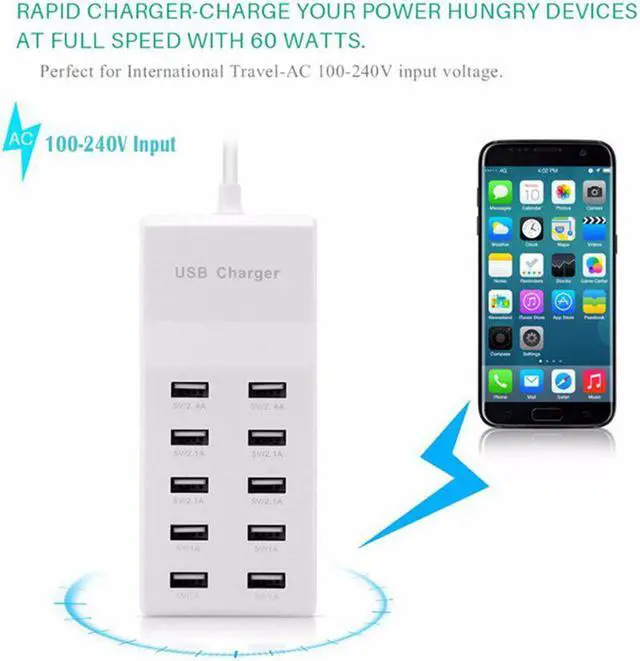 Alt view image 5 of 5 - 10 Port USB Charger For Iphone Ipad  USB 3.0 Wall Travel Charging Station Multi Port 60W Adapter Hub Splitter
