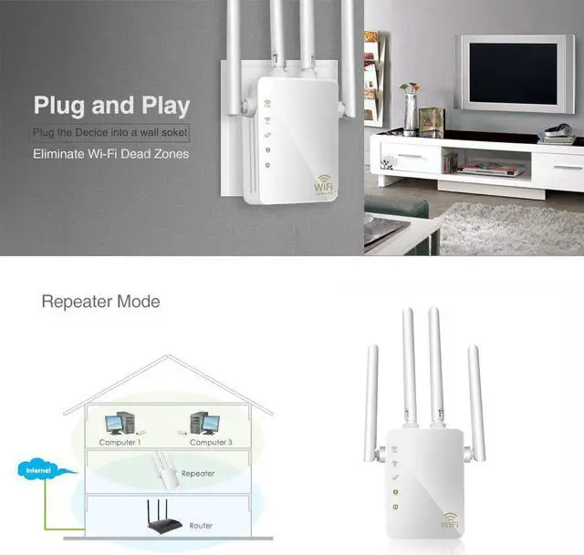 Alt view image 5 of 5 - Quick connect AC 1200Mbps Wireless 2.4G / 5G Wifi Repeater 4 High Antennas Bridge Signal Amplifier Wired Router